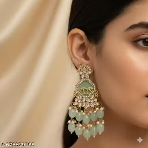 Antique Gold Kundan Chandbali Earrings with Mint Green Beads for Festive Wear