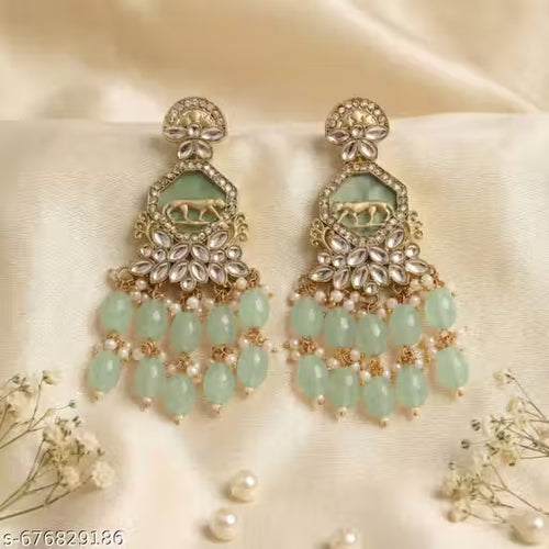 Antique Gold Kundan Chandbali Earrings with Mint Green Beads for Festive Wear